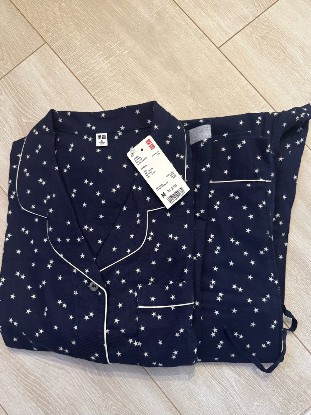 Uniqlo Navy Star-Print Flannel Pajama Set with White Piping